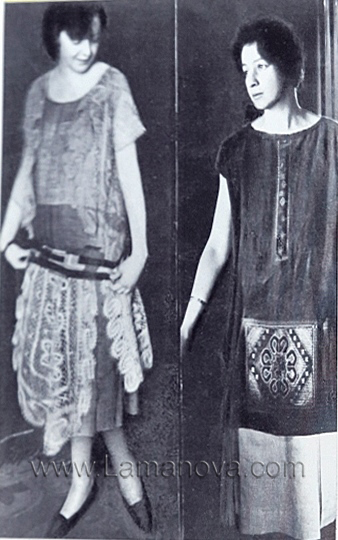 Модели Ламановой 1923 года. Костюмы, обтянутые кружевами и вышивкой.