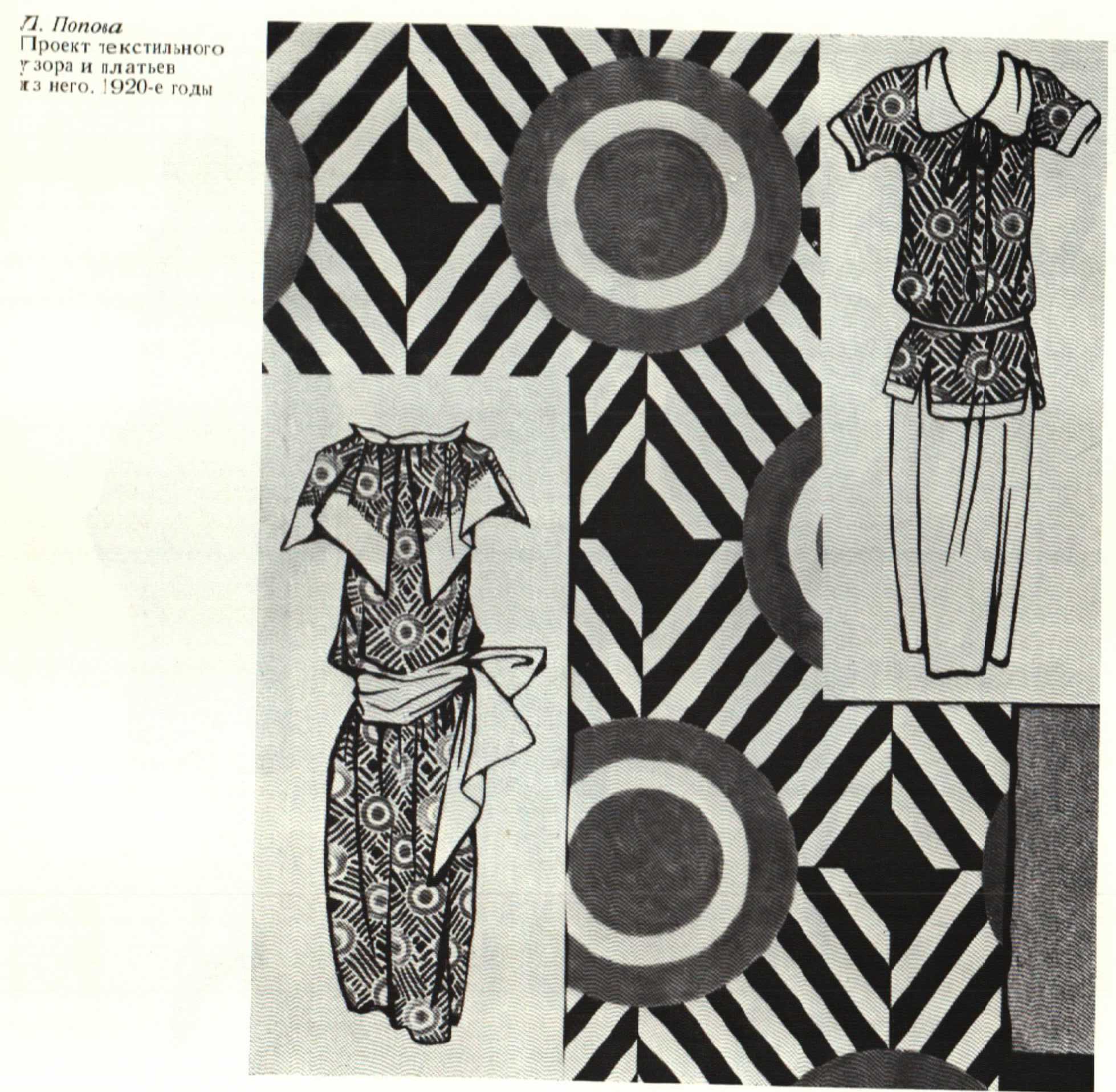 Попова проект текстильного узора и платьев из него 1924