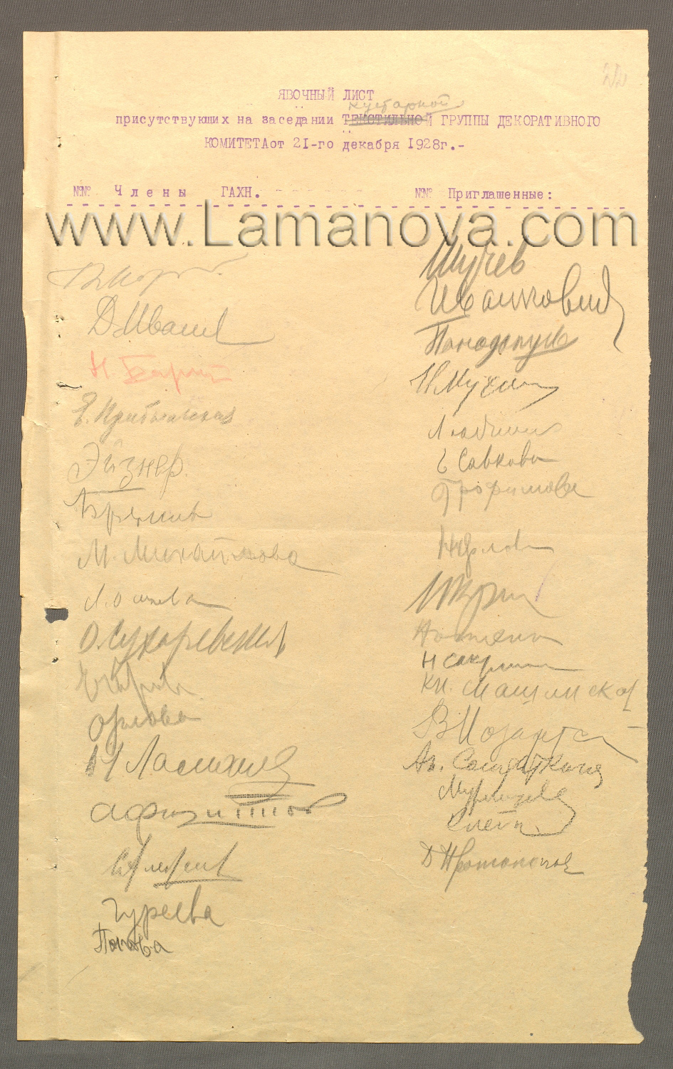 Явочный лист кустарной группы декоративного комитета ГАХН от 21 декабря 1928 года